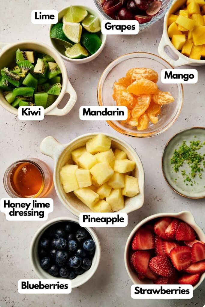 A list of ingredients for a fruit salad.
