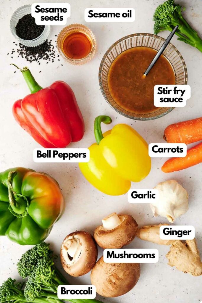 A list of ingredients for a vegetable stir fry.