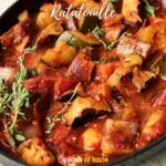 A delicious ratatouille recipe, cooked to perfection in a black skillet.