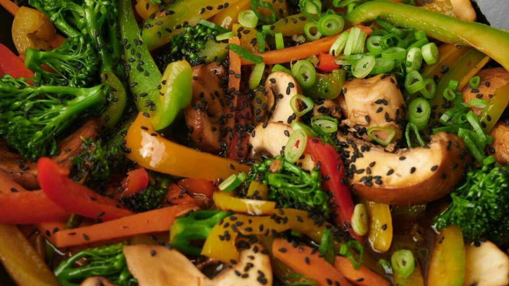 Vegetable stir fry with sesame seeds.