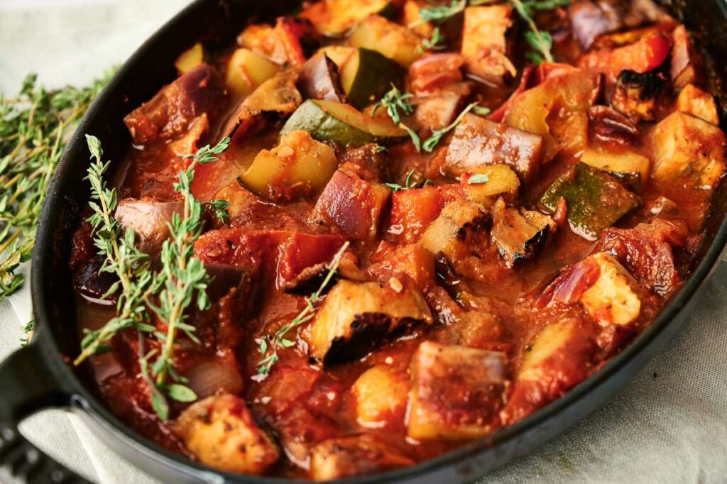 A mouthwatering ratatouille recipe in a skillet.