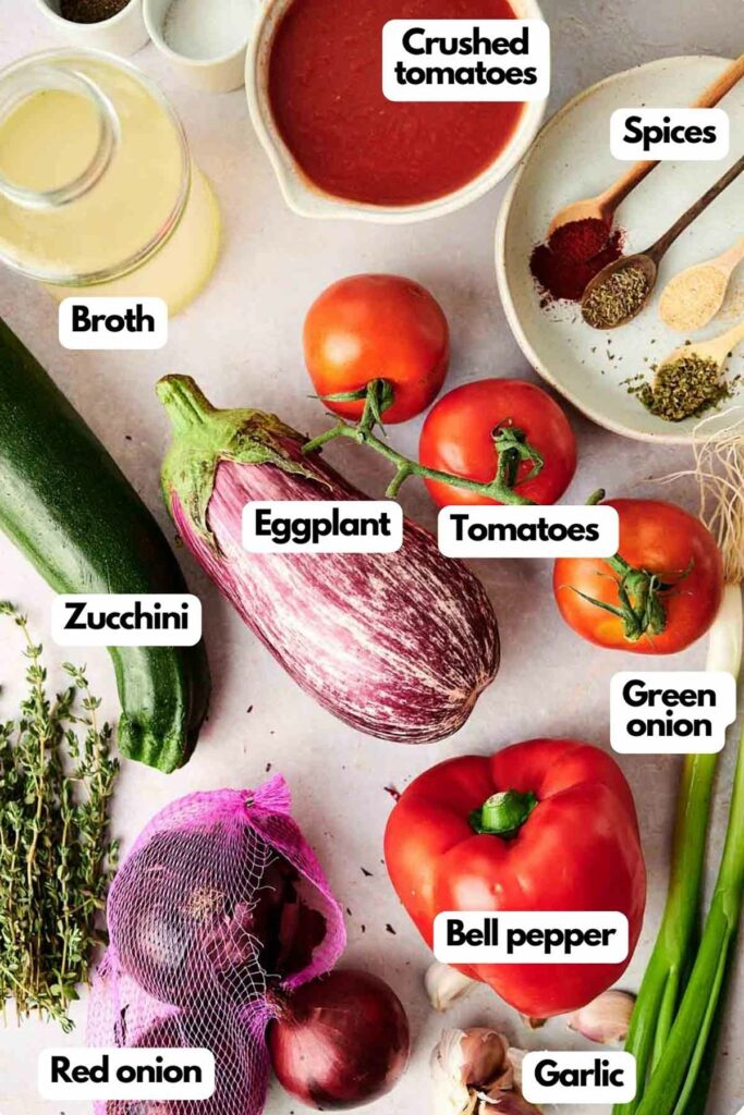 A list of ingredients for a ratatouille recipe.