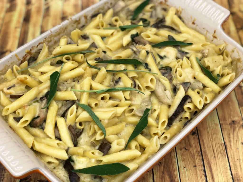 Vegetable pasta bake in an oven dish