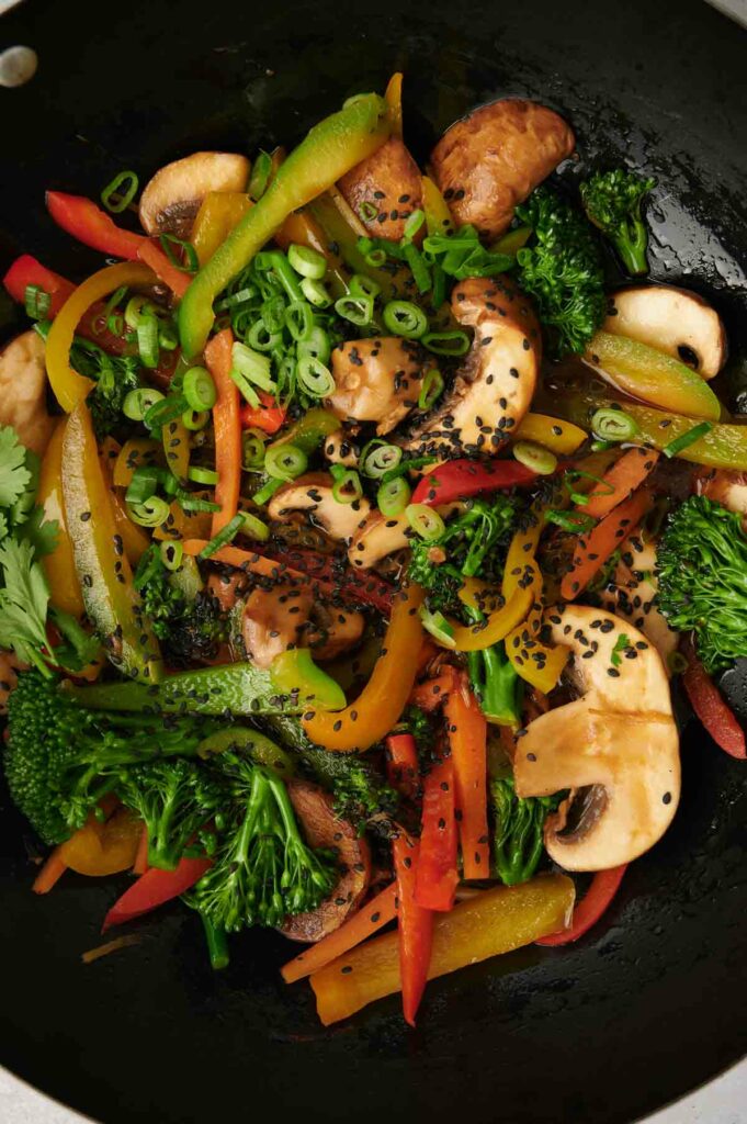 Vegetable stir fry in a wok.