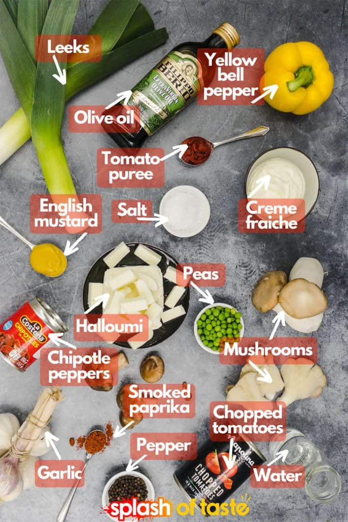 Ingredients to cook vegetarian halloumi stroganoff, leeks, olive oil, yellow pepper, tomato puree, creme fraiche, salt, English mustard, peas, halloumi, mushrooms, chipotle peppers, smoked paprika, garlic, black pepper, chopped tomatoes and water
