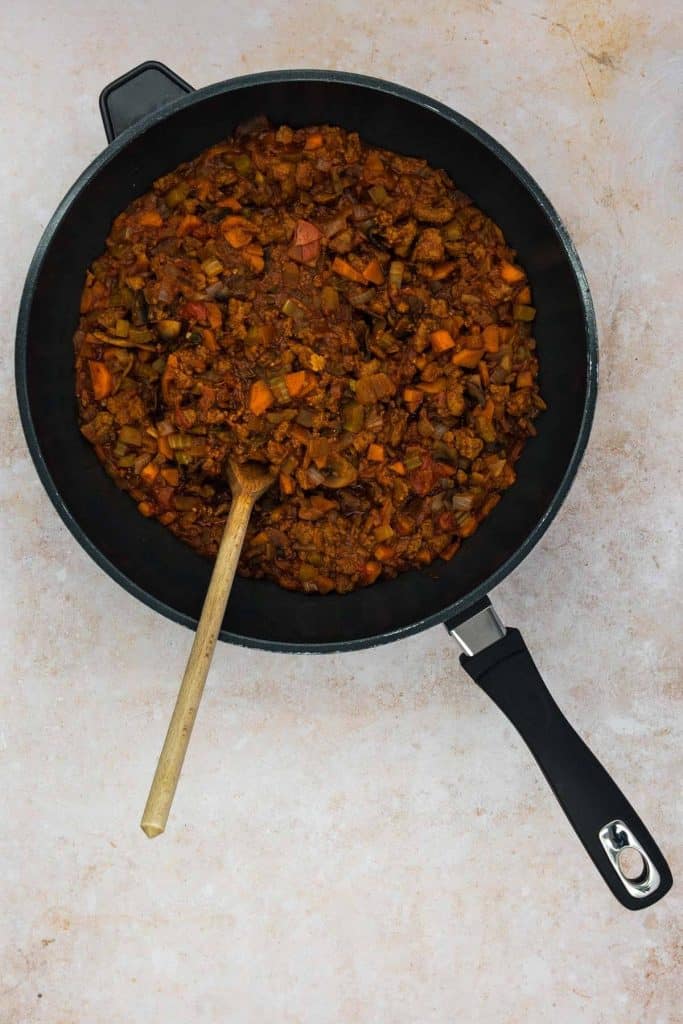 Quorn cottage pie filling in a pan