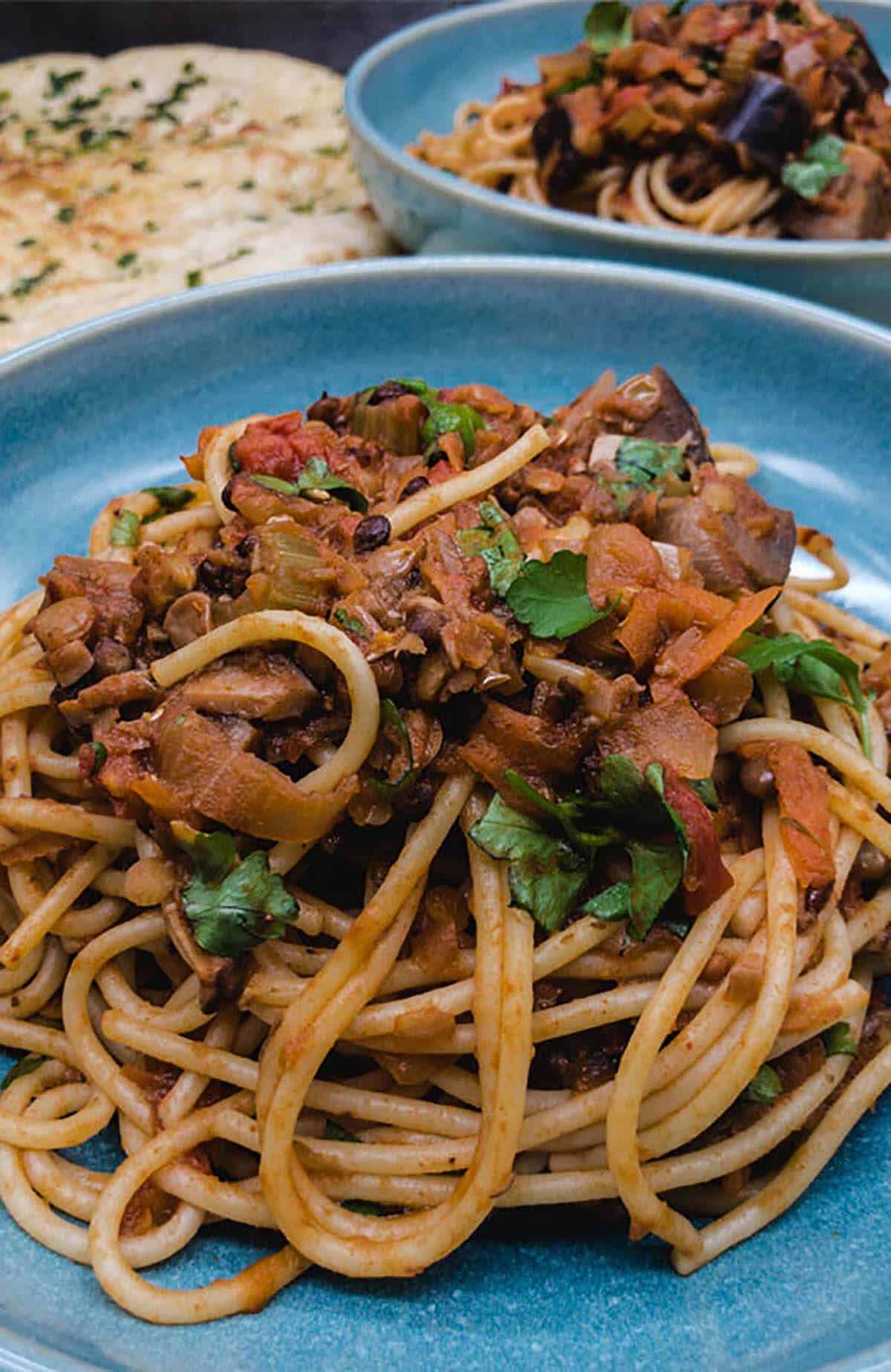 Delicious vegan spaghetti bolognese ready to eat