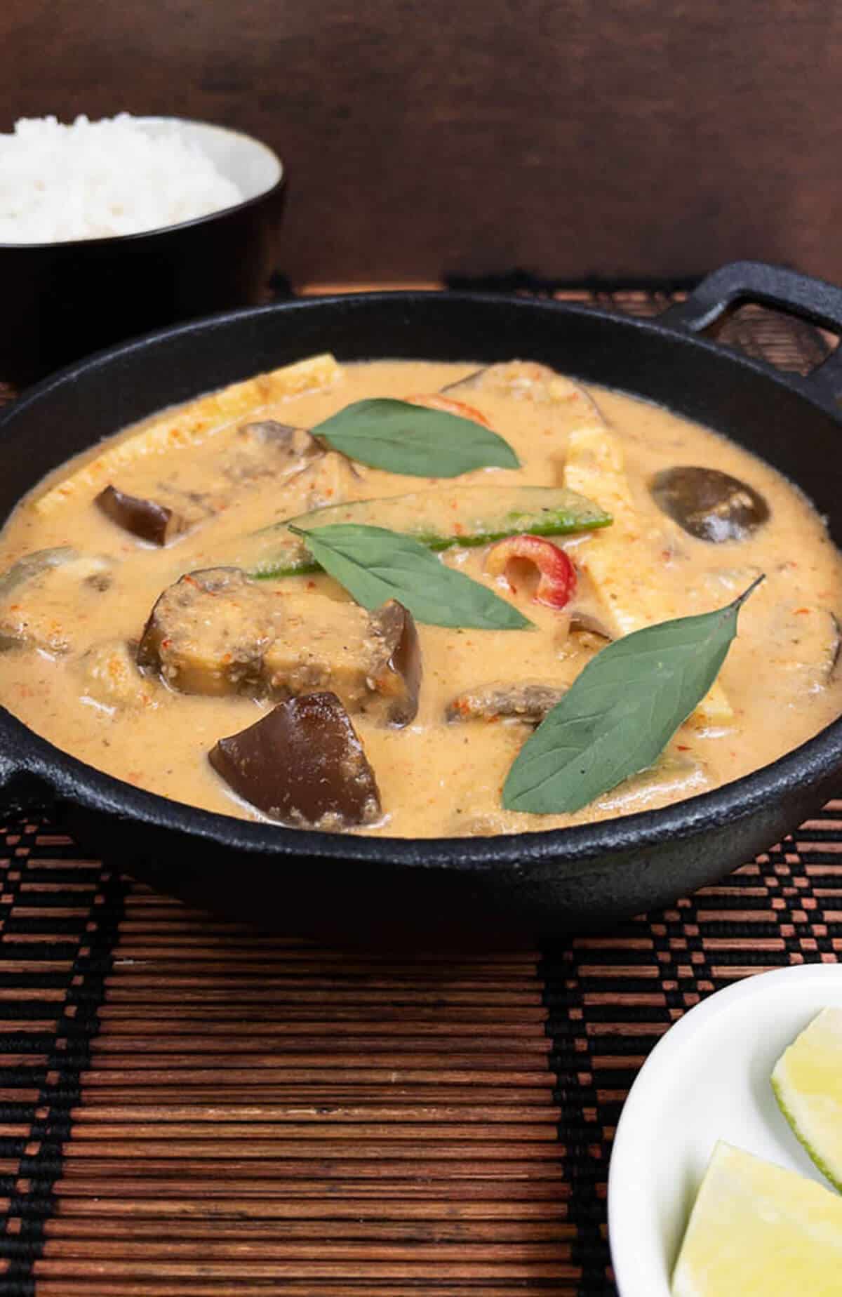 Yummy vegan Thai red curry freshly cooked and ready to eat