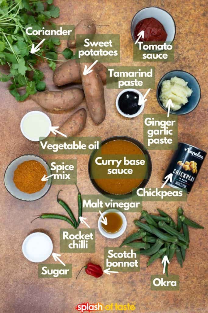 Ingredients for vegetable vindaloo recipe, coriander, sweet potato, tamarind paste, tomato sauce, ginger garlic paste, curry base sauce, chickpeas, vegetable oil, spice mix, malt vinegar, rocket chilli, sugar, scotch bonnet and okra