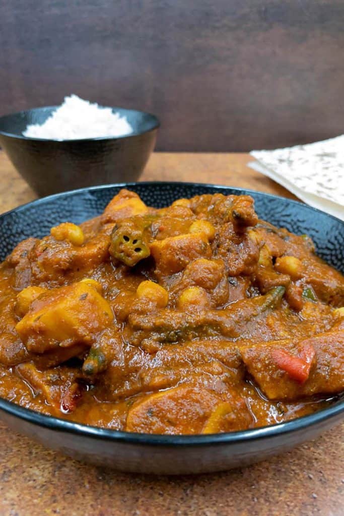 A dish of vegetarian vindaloo with vegetables ready to eat for dinner