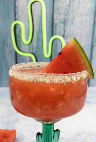 Refreshing watermelon margarita with slice of watermelon, in a cactus cocktail glass and neon cactus