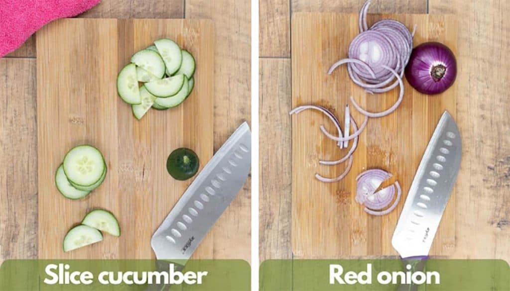 Process shot, slice cucumber, thinly slice red onion.