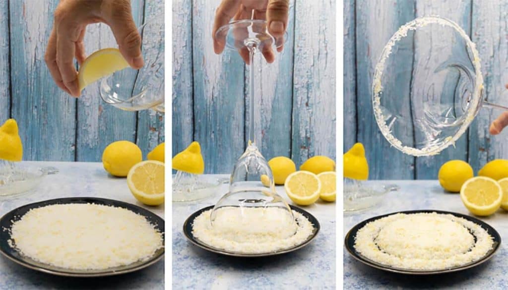 Adding a lemon salt rim to a margarita glass