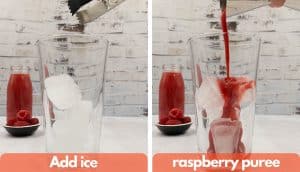 Process shots for making raspberry daiquiri, add ice and raspberry puree.