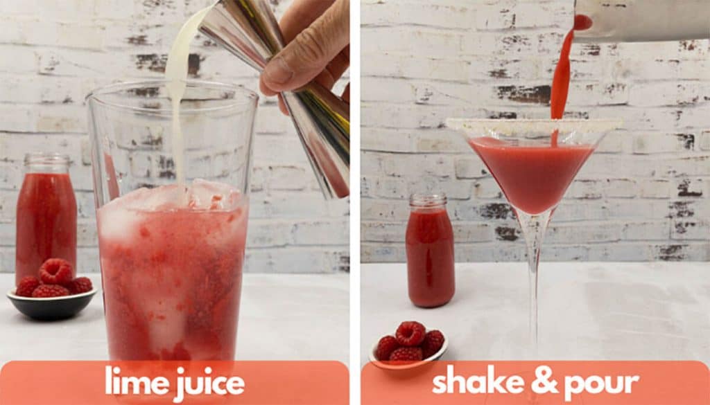 Process method shots for making raspberry daiquiri drink, add lime juice, shake and pour.