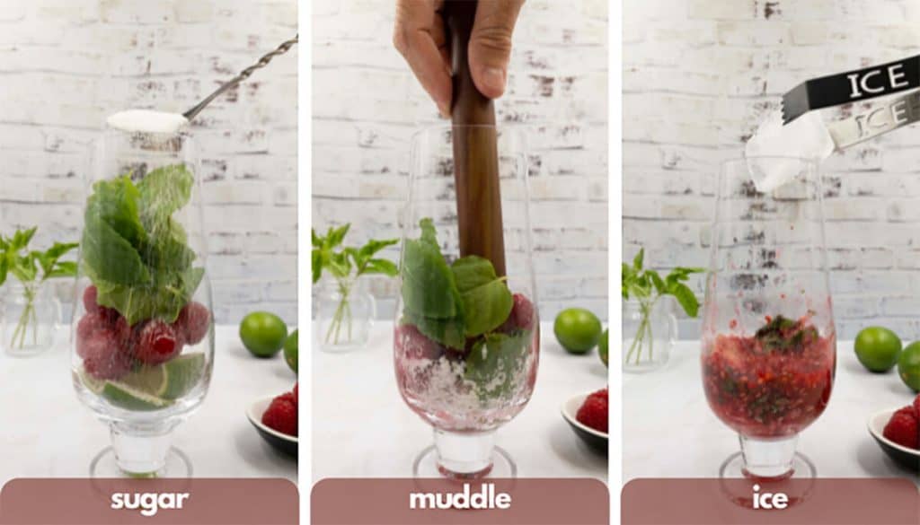 Process shot to make a raspberry mojito, add sugar, muddle and add ice.