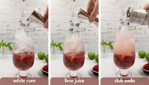 Process shot for making a raspberry mojito, add white rum. lime juice and club soda.