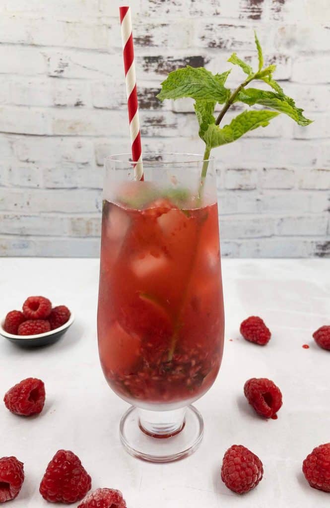 Delicious raspberry mojito cocktail with mint garnish.
