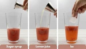 Building strawberry martinis, add sugar syrup, add lemon juice and add ice.