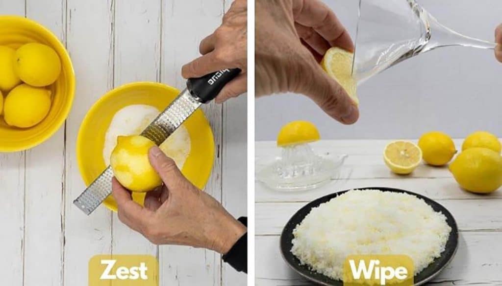 Zesting lemon rind with a grater into sugar and then wiping a lemon wedge around martini glass.