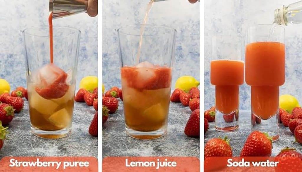 Add strawberry puree, fresh lemon juice and soda water process shots for strawberry lemonade vodka cocktails.