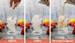 Add ice, vodka and strawberry liqueur being poured into a shaker.