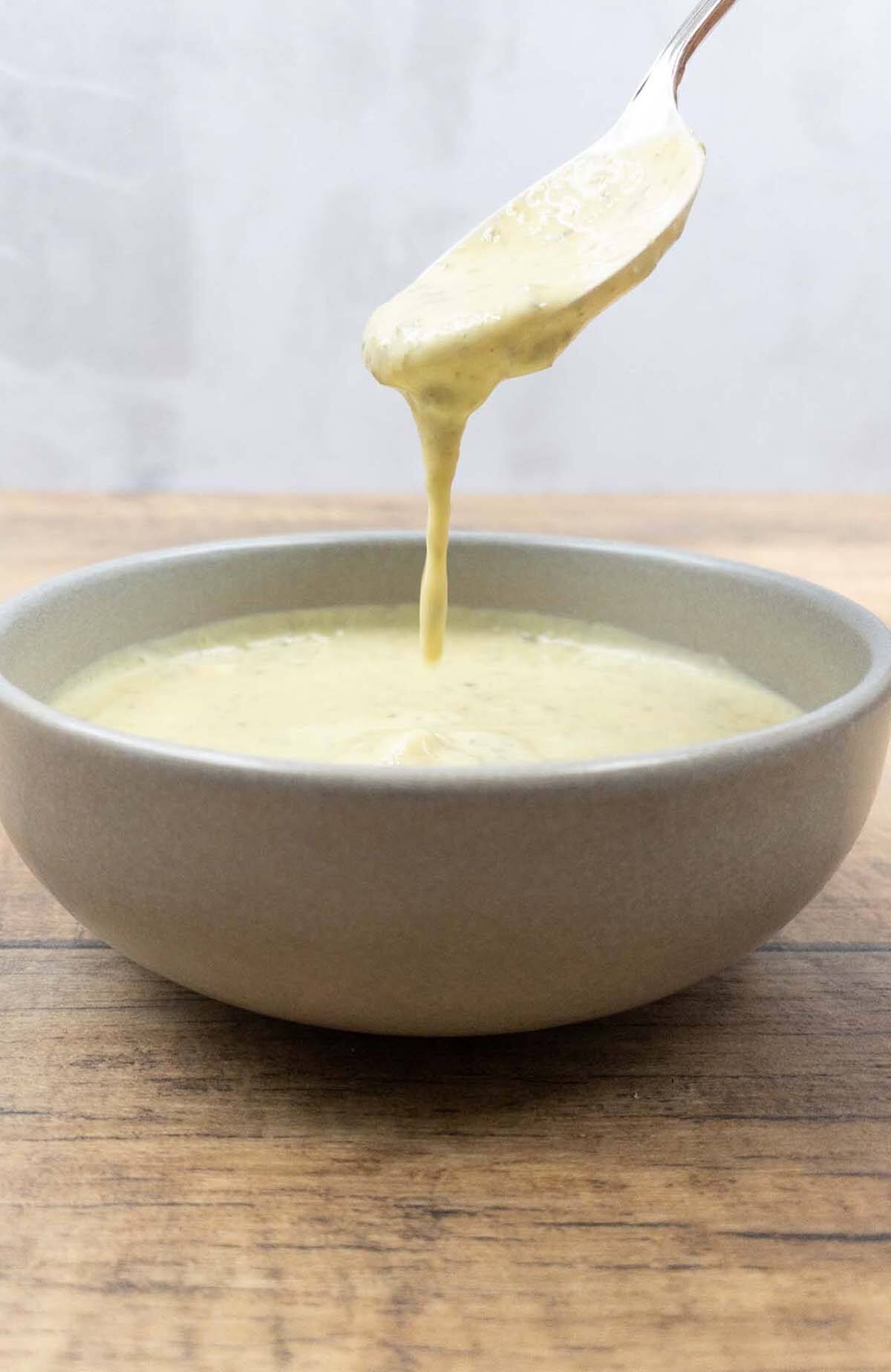A bowl of homemade vegan caesar dressing.