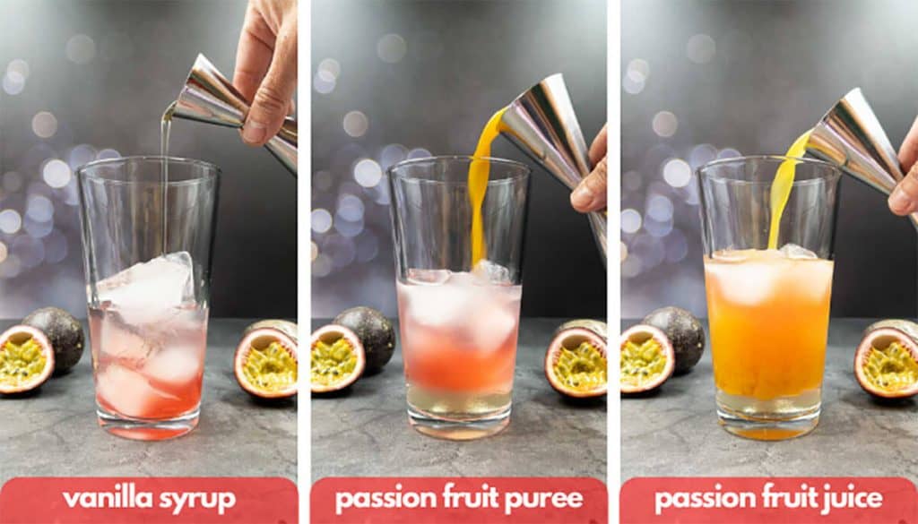 Process shots add vanilla sugar syrup, passion fruit puree and passion fruit juice.
