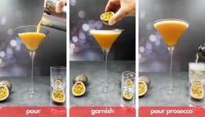Process shots, pour, garnish with passion fruit and pour prosecco shot.