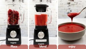 Process shot for making pureed raspberries, fresh whole raspberries in a blender, blending and then serving in a bowl.