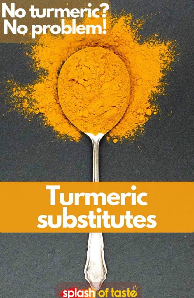 A spoonful of yellow turmeric spice with a caption turmeric substitute, no turmeric, no problem for featured image.