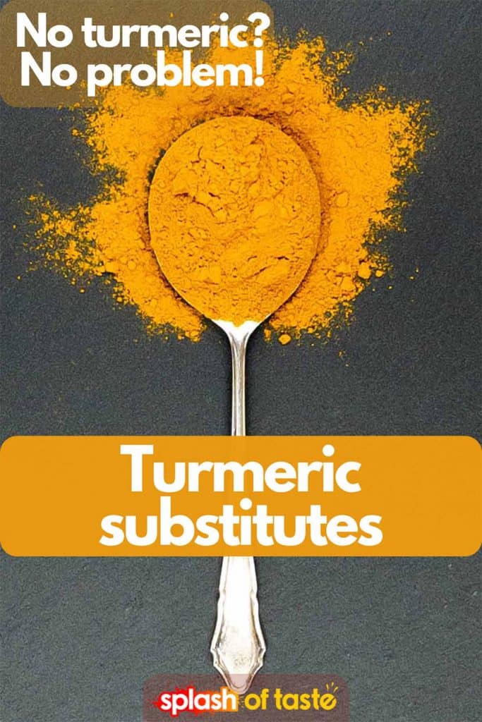 A spoonful of yellow turmeric spice with a caption turmeric substitute, no turmeric, no problem.