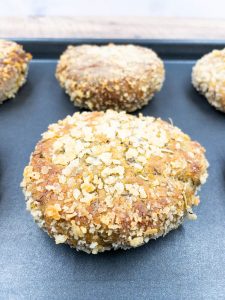 Extra crunchy plant based vegan chicken patties fresh out of the oven.