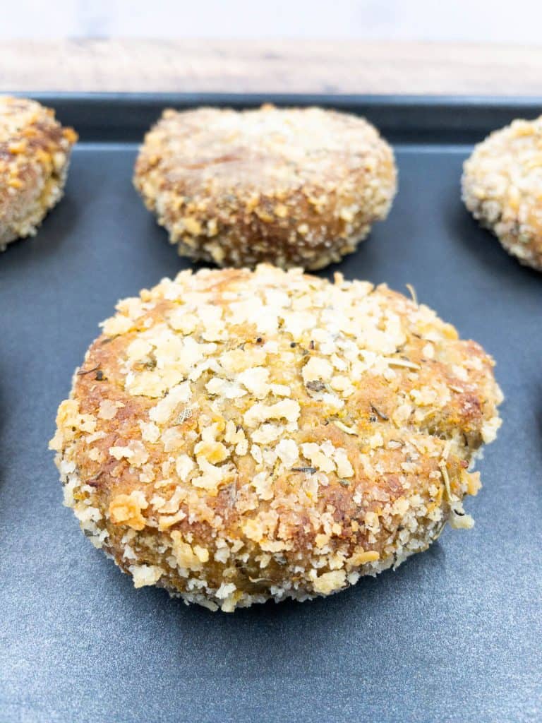 Extra crunchy plant based vegan chicken burgers fresh out of the oven.
