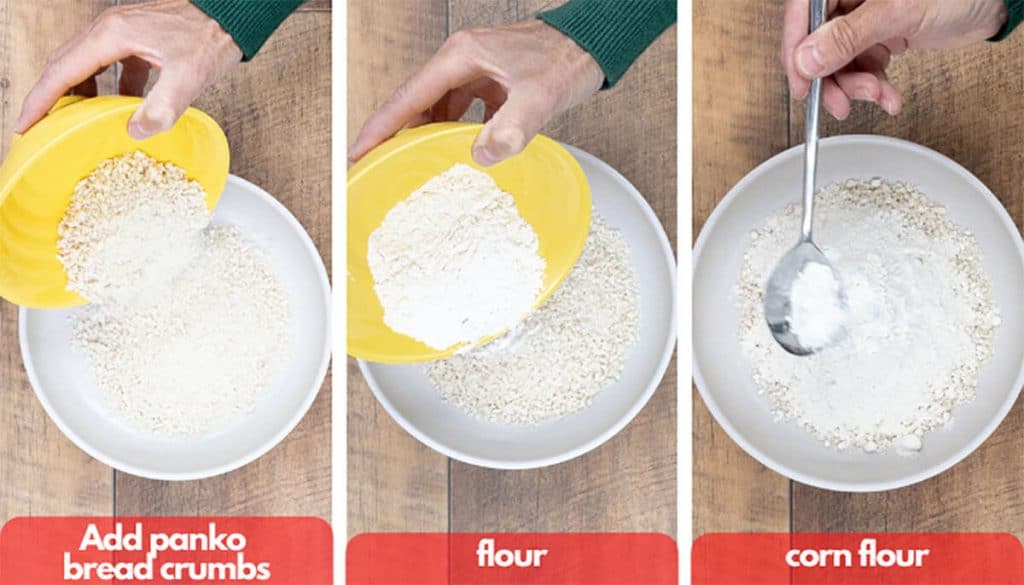 Process shots for how to make bread crumbs add panko bread crumbs, flour and cornflour.