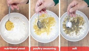 Process shots for how to make bread crumbs, add nutritional yeast, poultry seasoning and salt.