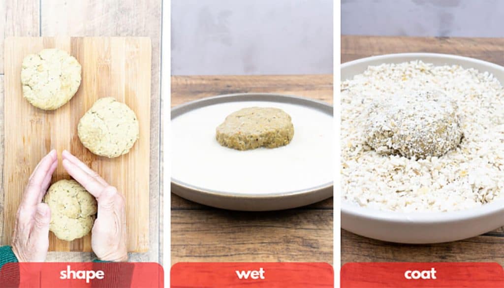 Process shots for how to make plant based vegan chicken patties, shape dough, wet dough in vegan milk and then place dough in bread crumbs in mixing bowl.
