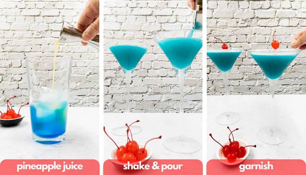 Process shots to make an Envy blue drink, add fresh pineapple juice, pour and garnish with maraschino cherry.