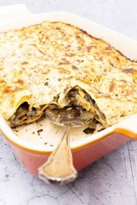 A whole dish of four cheese and mushroom lasagna all cooked and ready to eat.