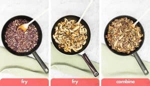 Process shots for making a lasagna, in a large frying pan, fry onions, fry mushrooms and combine.