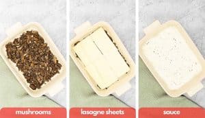 Process shots for making lasagne, layer of mushrooms, layer of pasta sheets and layer of white sauce.