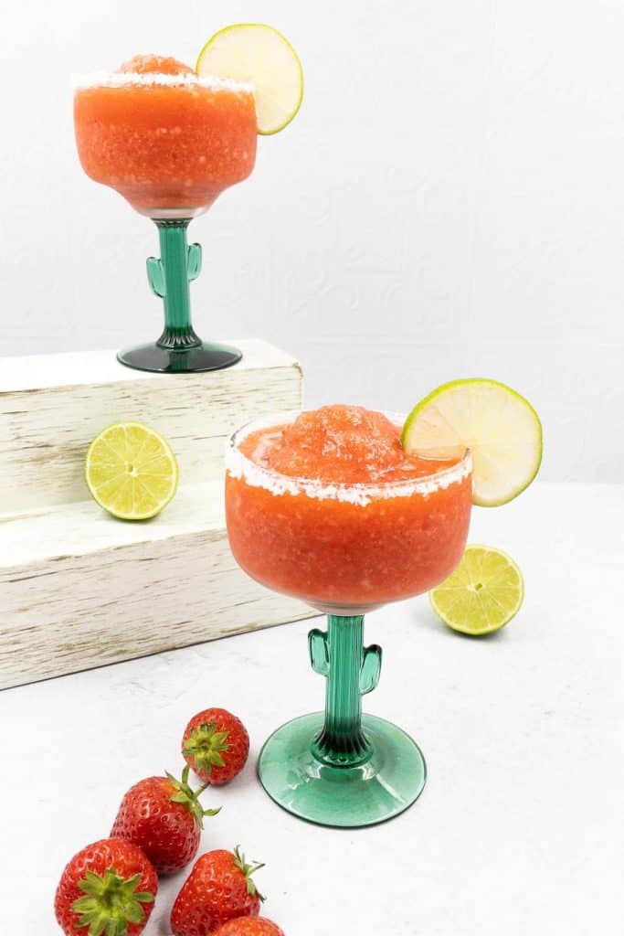Frozen strawberry margarita straight from the blender and ready to drink.