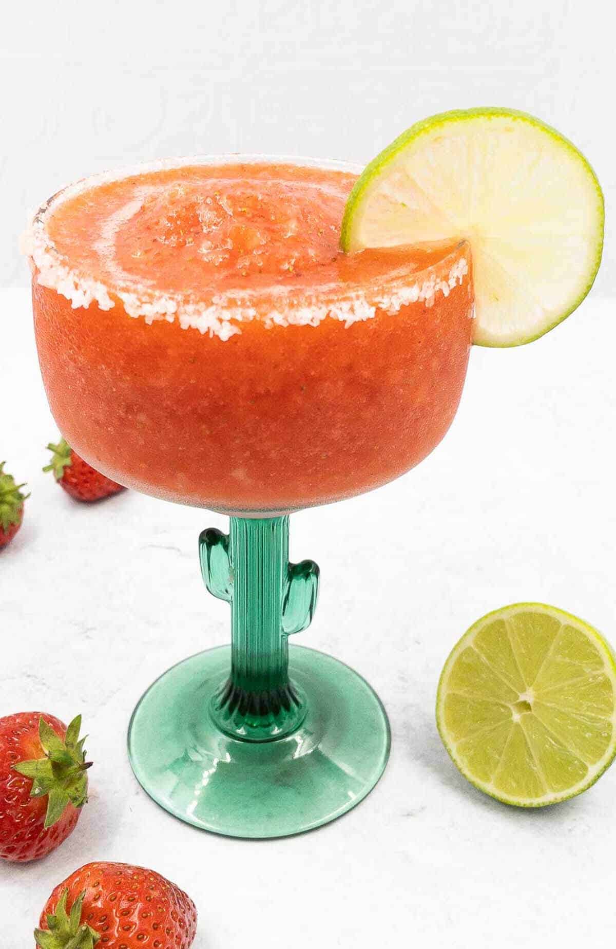 Homemade frozen strawberry margarita.