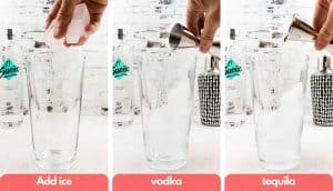 Process shots to make a Long Island Iced Tea, add ice cubes, vodka and tequila.