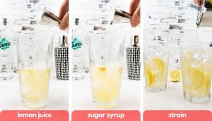 Process shots to make a Long Island Iced Tea add lemon juice, sugar syrup, strain and pour into highball glass.