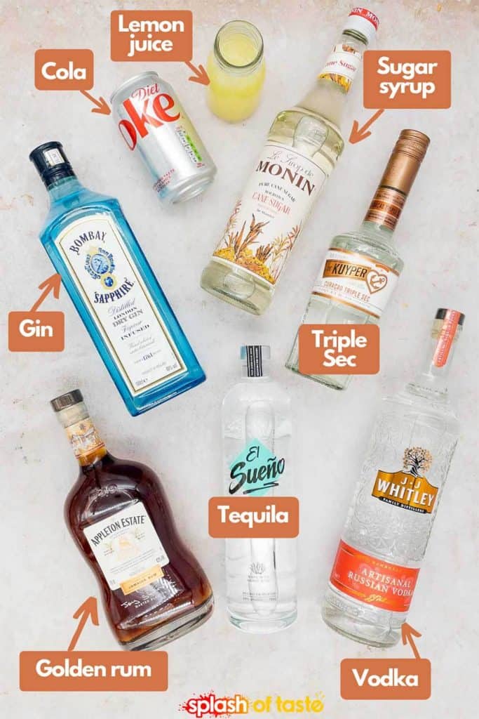 Ingredients to make a Long Island Iced Tea, cola, lemon juice, sugar syrup, triple sec, vodka, tequila, golden rum and gin.