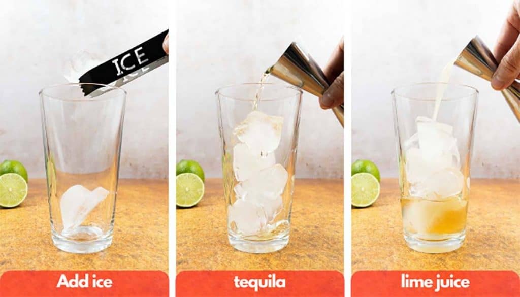 Process shot for margarita on the rocks, add ice, tequila, lime juice.