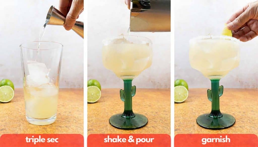 Process shot for how to make a margaritas, add triple sec orange liqueur, shake and pour and garnish with a lime wedge.
