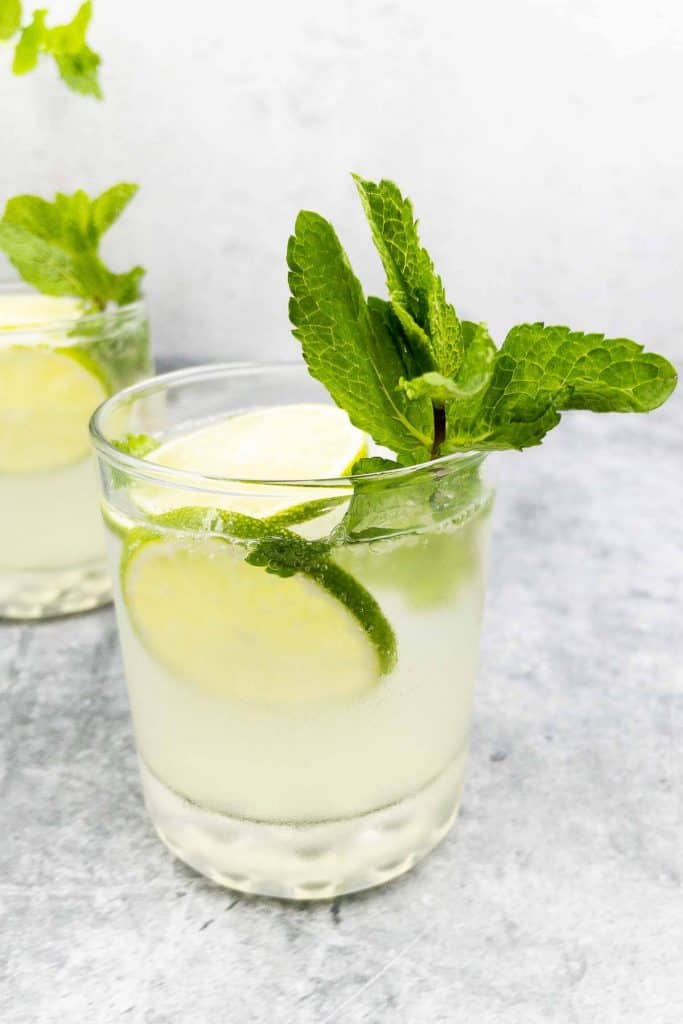 A mojitorita with a lime wheel and mint sprig.
