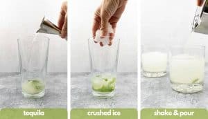 Process shots for how to make a mojitorita add tequila, crushed ice, shake and pour into a glass.